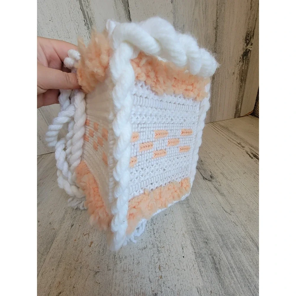 Crochet orange square plush hanging basket unique home decor tassel